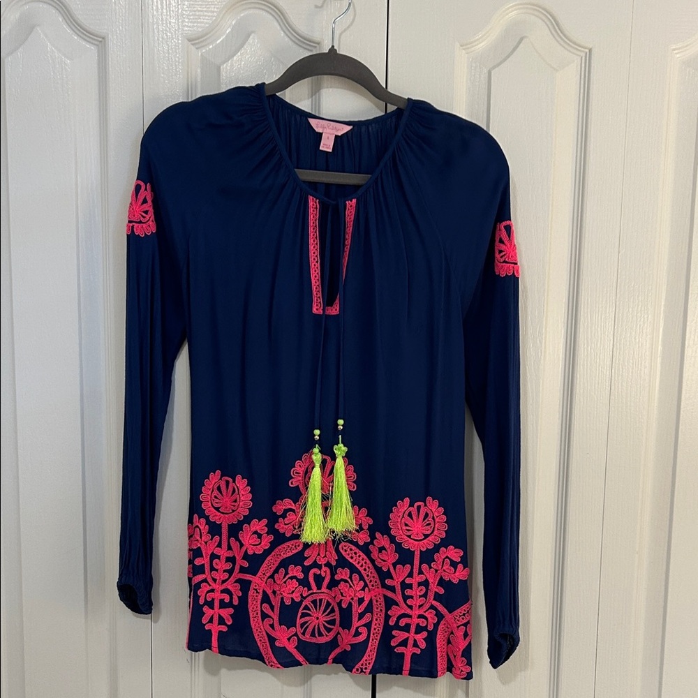 Lilly Pulitzer Navy and Pink Embroidered Tunic